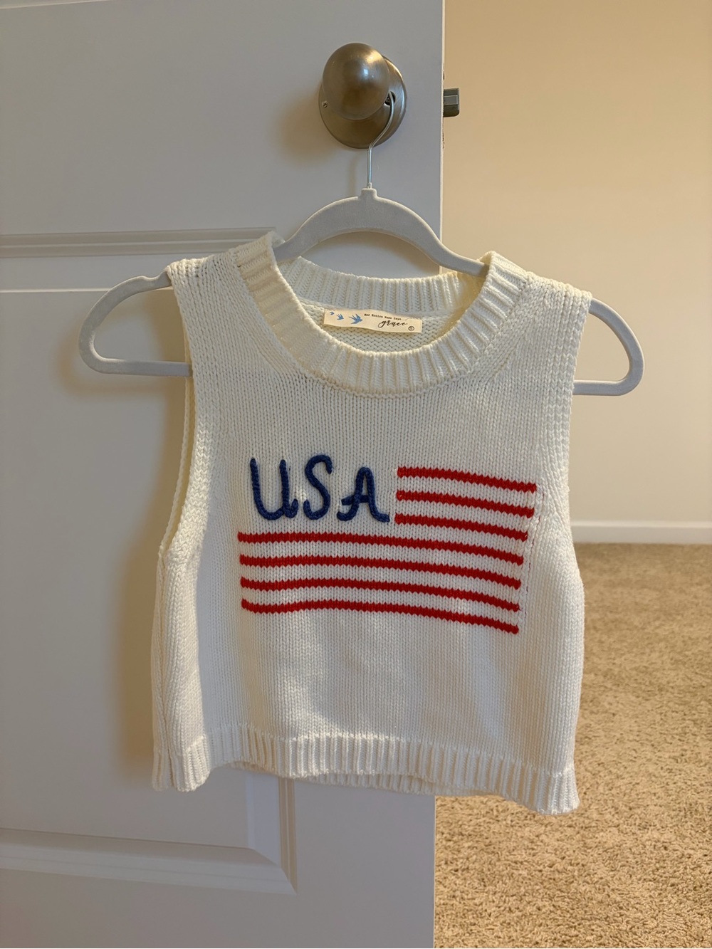 White USA Knit Flag Sleeveless Sweater Vest